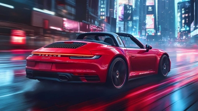 5k城市霓光下的红色风暴：保时捷911 Targa 4 GTS大轮毂版激情壁纸