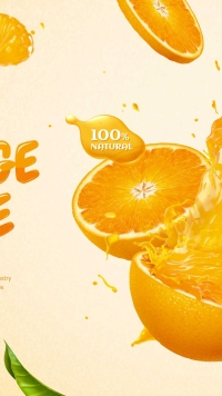 在3D图片中,用溅出的液体和水果切片来做橘子汁瓶广告