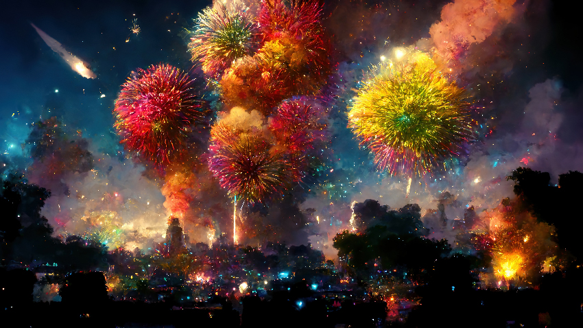 高级人工智能图像_逼真的彩色烟花爆炸在夜晚的城市.jpg