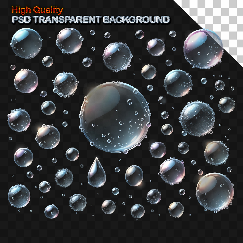 PSD set of water bunch of bubbles floating in the air png on isolated transparen.jpg
