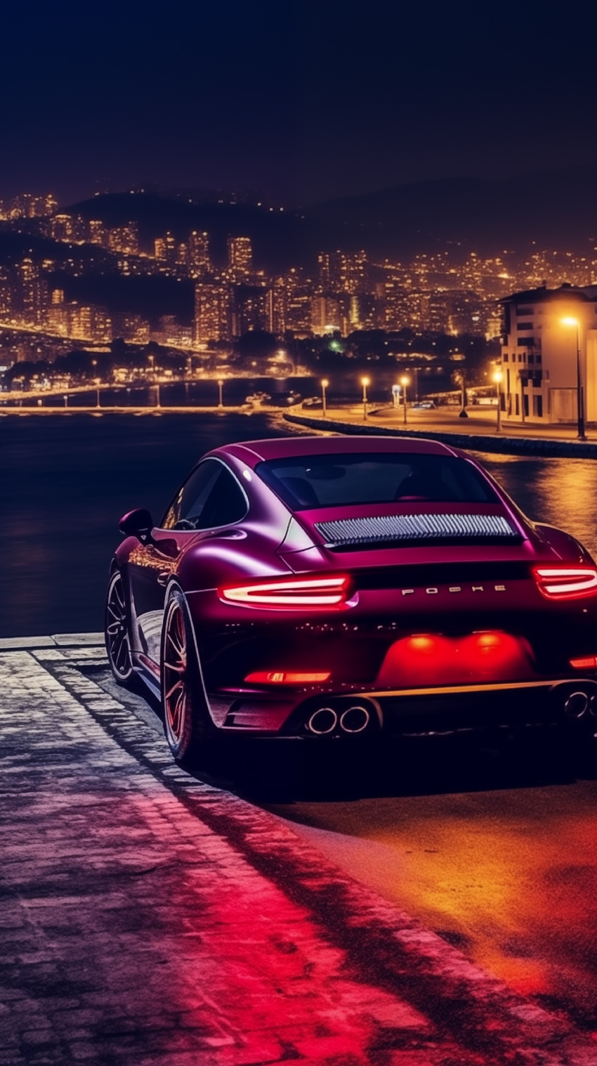 保时捷911官方跑车，宝石红，夜晚繁华马路旁，城市霓虹，光彩夺目，大轮毂 (4).jpg