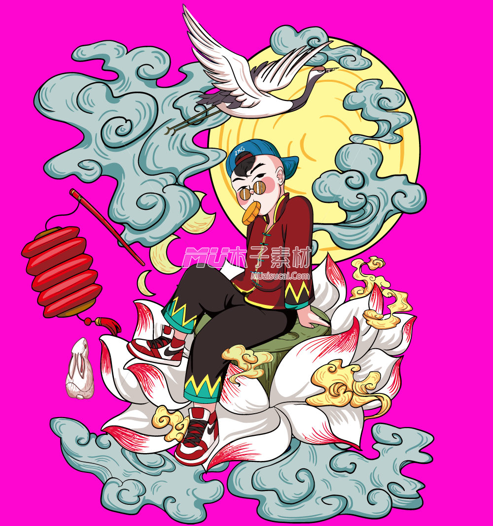 国潮风插画男孩吃饼矢量.png