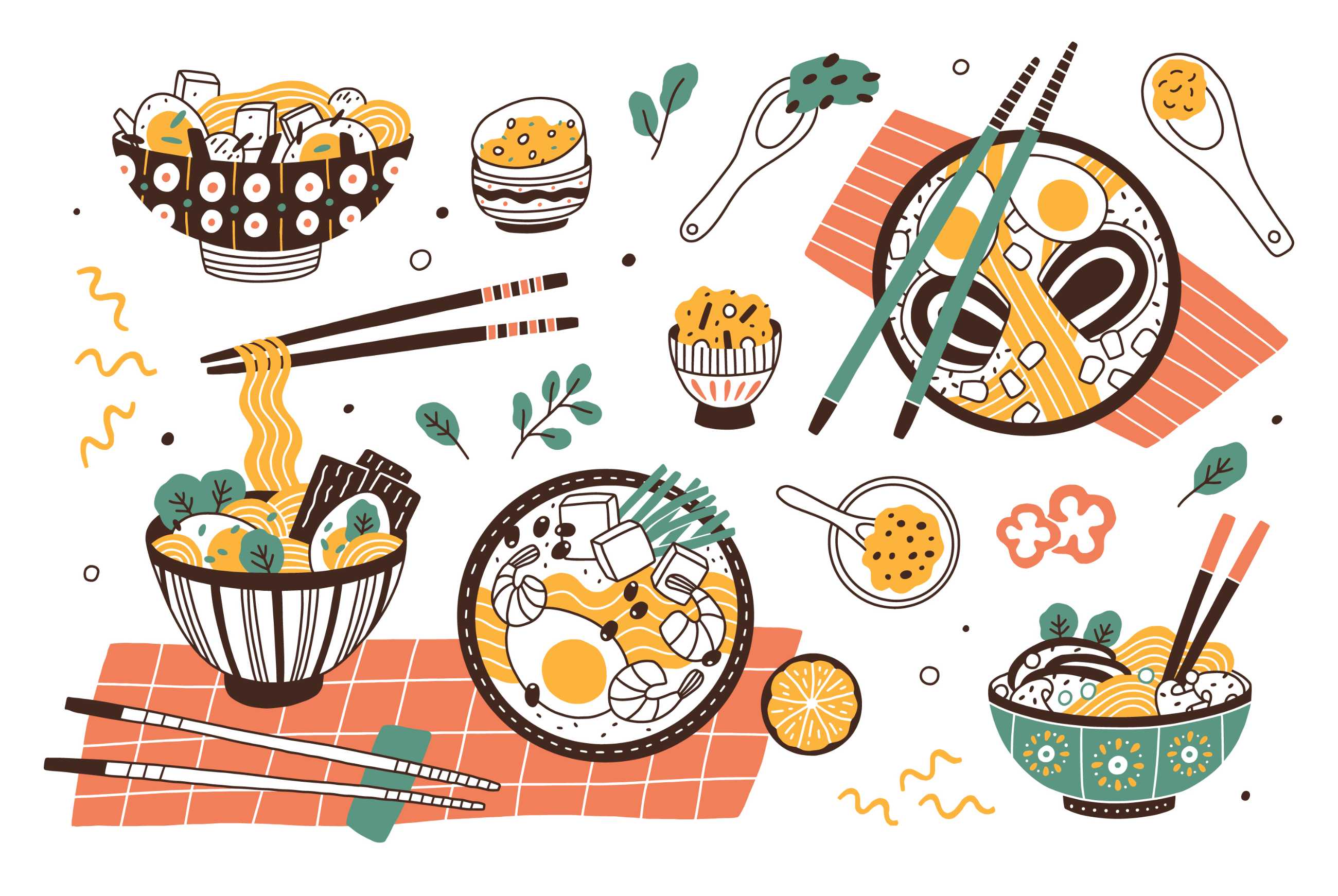 收集拉面碗和筷子，一套传统的美味亚洲或日本餐配面条和肉汤。一捆美味的汤或炖肉。平