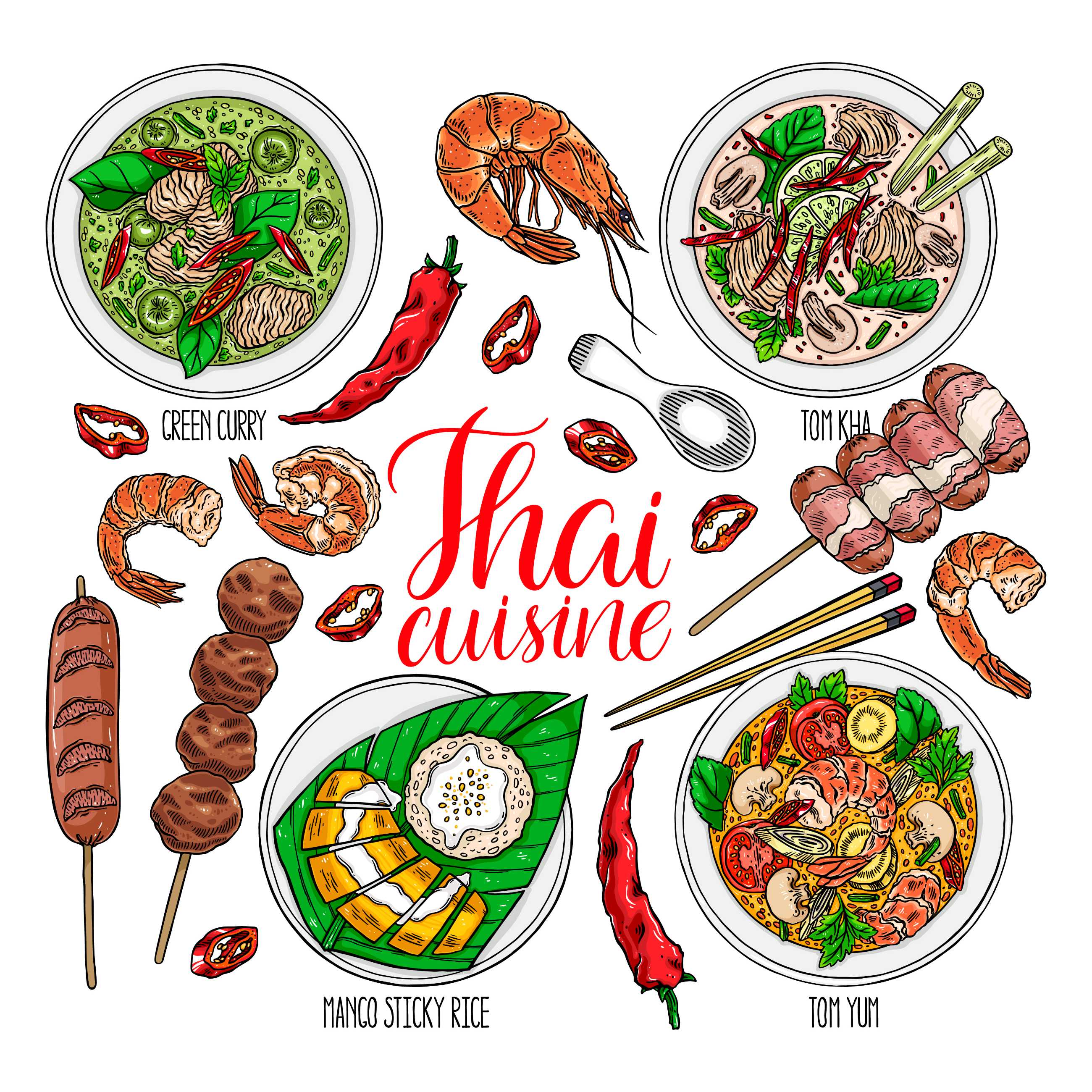 一套可爱的泰国菜汤木香功,青菜咖喱,汤木香,芒果米,虾和辣椒手绘插图