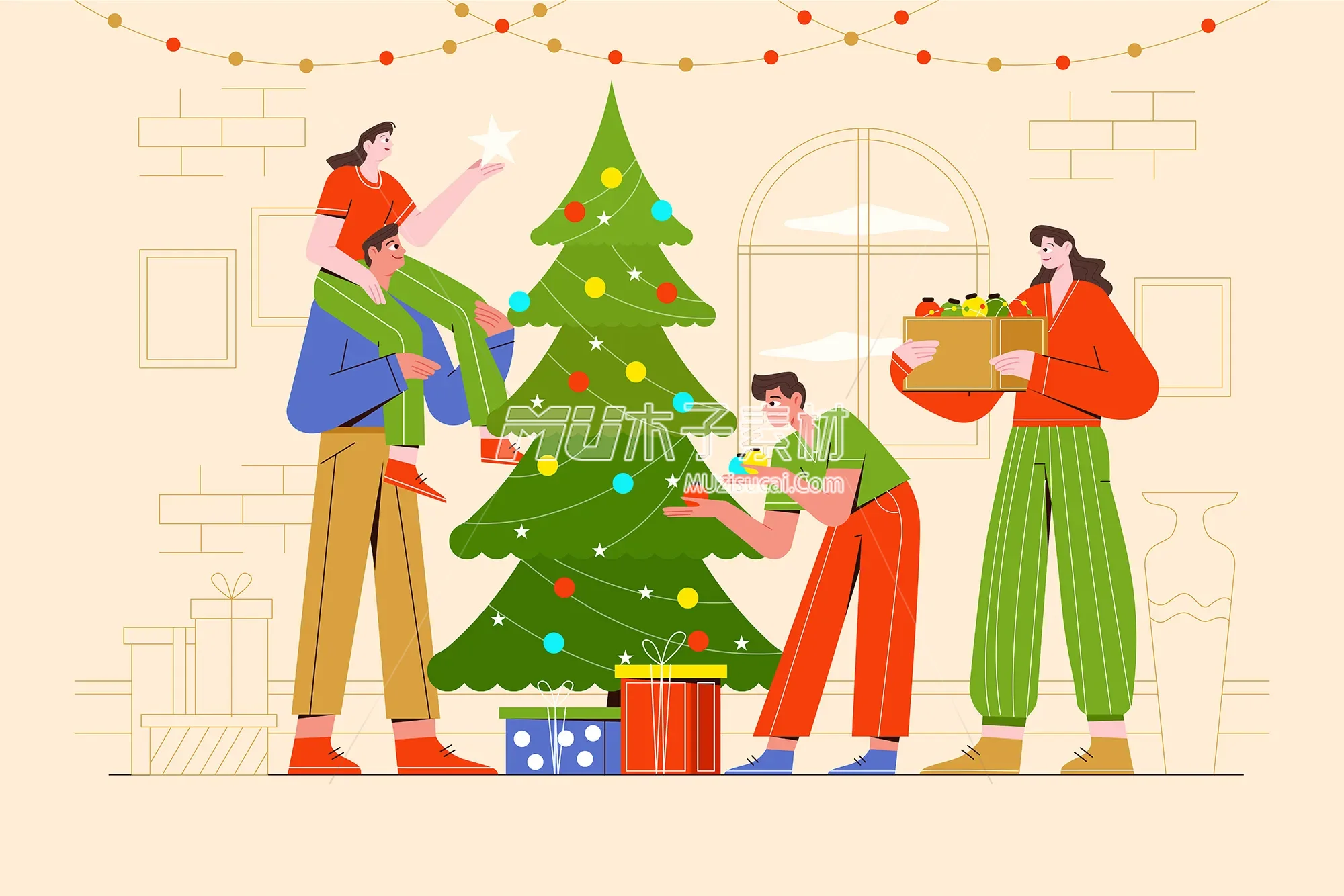 family_decorates_a_christmas_tree_and_fireplace_before_xmas_vector_illustration.webp