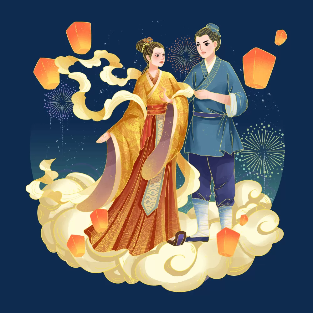优质矢量 _ 中国风七夕节牛郎织女人物场景