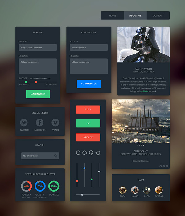 Dark UI Kit by Hüseyin Yilmaz in 35 Fresh, Free and Flat UI Kits